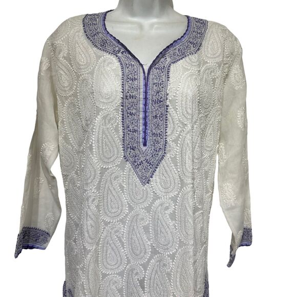 Embroidered purple White Tunic Top Dress Indian Kurta Boho - Picture 2 of 5